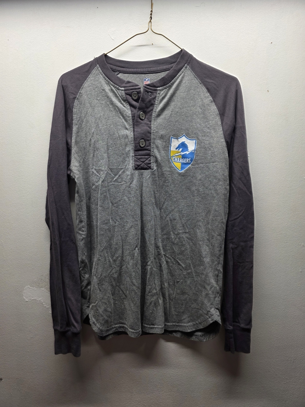 NFL Chargers Men's Grey Henley with Charcoal Raglan Sleeves